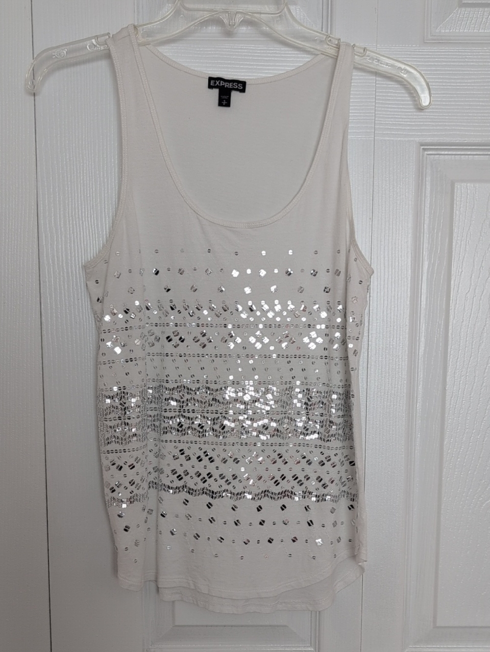 Express Cream Tank Top with Silver Sequin Stripes